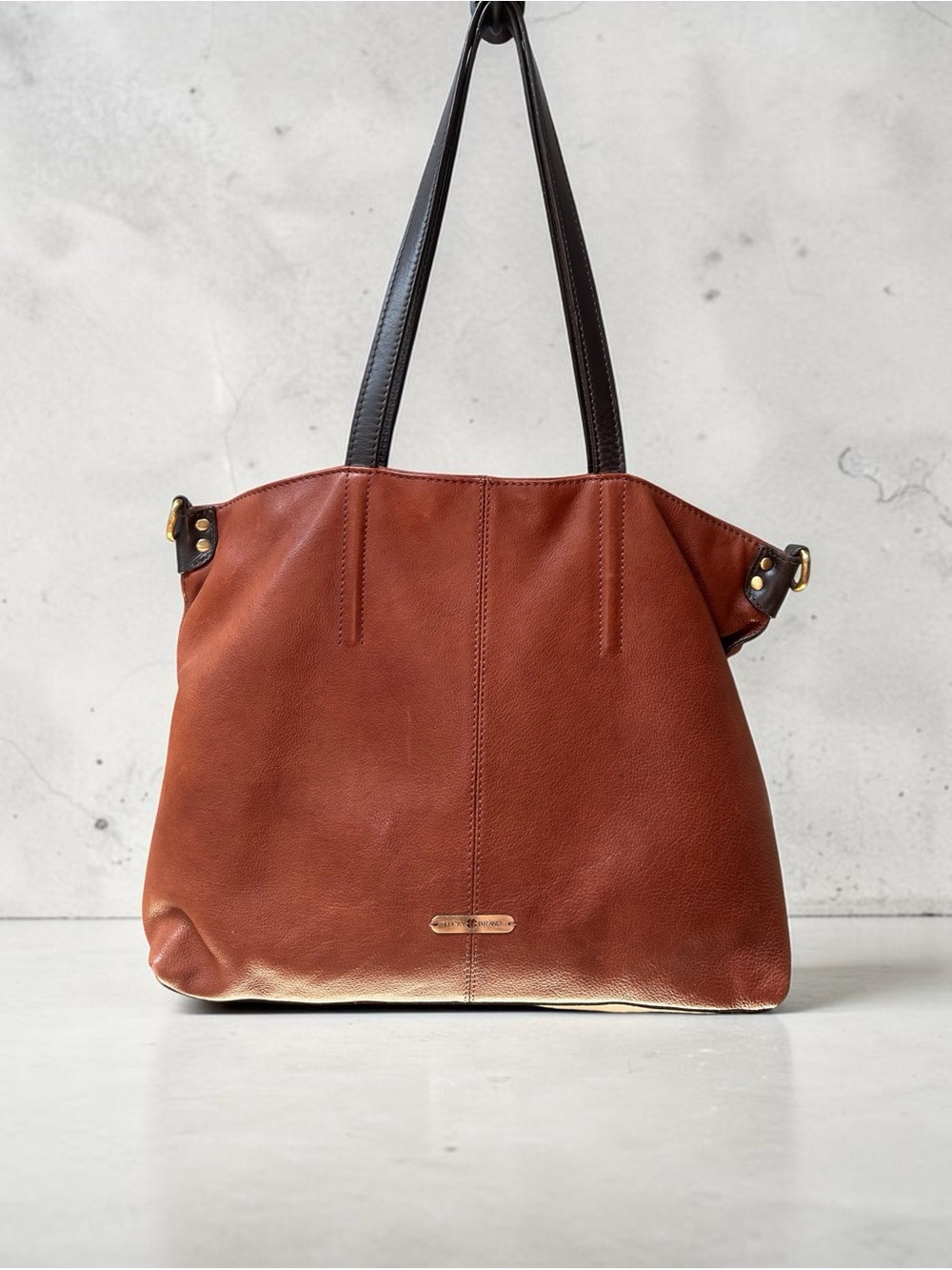 Lucky Brand Cognac Brown Leather Tote Shoulder Bag Large Shopper Purse